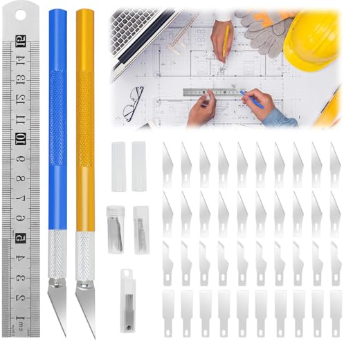 Juego de Cutter de Precision para Manualidades con 40 Cuchillas y 2 Mangos de Acero Inoxidable Recambio Cutter Modelismo Profesional, para Bricolaje, Tallado, Modelismo y Arte
