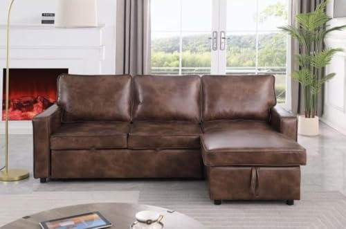 PU Leather L-Shaped Sofa Bed with Storage, Modern Corner Sleeper Couch for Living Room brown or Grey (Brown)
