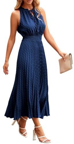 QUNERY Vestidos Verano Mujer Sin Mangas Vestido Largo Cuello en V Elegante Dress Volante de Lunares Suizos Elástica Cintura Alta Casual