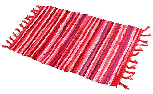 Tappeto di straccio, lavabile in lavatrice, reversibile, in cotone, tessuto a mano, multicolore, a righe, per camera da letto, soggiorno, cucina e lavanderia (71 x 119 cm, rosso)