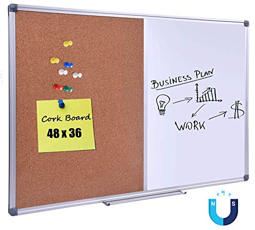 DexBoard Pizarra combinada magnética de corcho de borrado en seco de 48 x 36 pulgadas, pizarra blanca montada en la pared y tablero de corcho con marco de aluminio