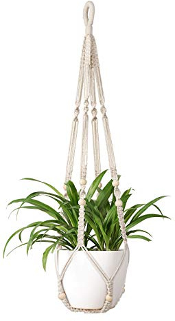 Mkono Macrame Plant Hanger Indoor Hanging Planter Basket with Wood Beads Decorative Flower Pot Holder No Tassels for Indoor Outdoor Boho Home Decor 35 Inch, Ivory, Set of 1 (POTS NOT Included)