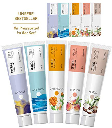 UMIDO 5 Stück Set Kosmetik-Set 45 ml | 1x Fußcreme Kamille | 1x Cooling Gel Menthol | 1x Handlotion Ringelblume | 1x Handlotion Pfirsich | 1x Handlotion Kokos