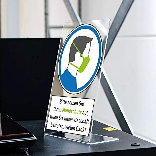 Acryl-Aufsteller Text: Bitte setzen Sie Ihren Mundschutz auf. (Schild ca. 200x300 mm) / Plexiglas Tischaufsteller bedruckt/Acrylglas Tischaufsteller/Werbeaufsteller von stempel-farbik