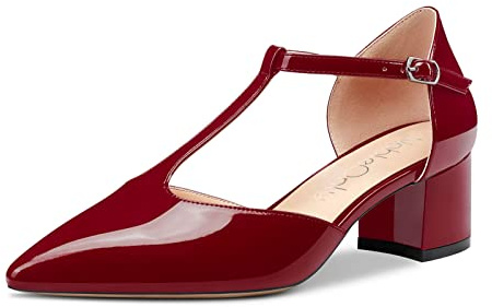 NobleOnly Women Chunky Block Low Kitten Heel Close Pointed Toe T-Strap Pumps Court Shoe Buckle Office Dress Shoes 5 CM Heels Burgundy Wine Red 3.5 UK