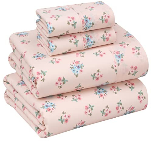 Ruvanti 100% Cotton King Size Sheets Set, 4 Pieces, Soft & Breathable Percale Weave Bedding, Deep Pocket 16, Hotel Standard, Crisp Cool Feel, Durable, Perfect Floral Bed Sheet, Spring On
