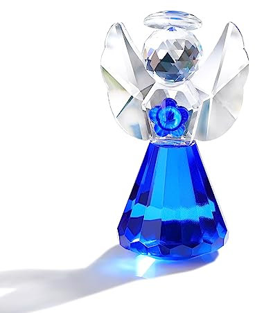 Crystal Blue Guardian Angel with Little Flower Figurine Gift for Women Men, Glass Angel Sympathy Collectible Christmas Decor