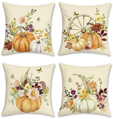 Bonhause Fundas de Cojín Calabaza de Otoño 45 x 45 cm Funda de Almohada Calabaza Flores Acción de Gracias Terciopelo Suave Cojines Decorativos para Sofá Cama Hogar Jardín Patio Juego de 4