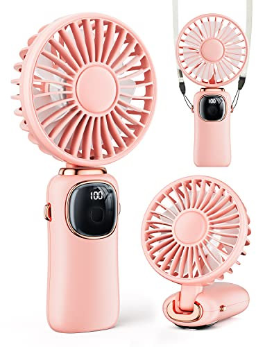 coldSky Portable Handheld Fan, 4000mAh Battery Operated with LED Display, Handheld/Neck/Desk 3 in 1 Personal Small Fan, 90° Foldable Desk Fan with Base, 5 Speed Lash Makeup Fans for Women (Pink)