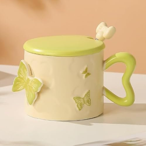 Bocguy Taza cerámica, taza café con mariposa, 301-400 ml, con tapa y cucharilla, asa, tazas mariposa en 3D para café, té caliente, ideal para hogar, oficina, cafetería, restaurante, caliente, verde
