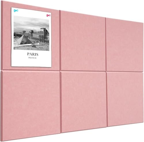 Cork Board Alternative 90 x 60 cm Notice Pin Board Bulletin Board for Home Office Kitchen Photos Memos - 6 Pack Removable Felt Wall Tiles with 20 pushpins - Pink