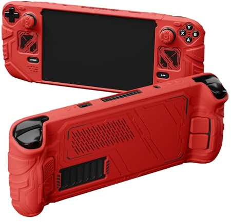 playvital Mecha Protective Case for Steam Deck – Anti-Slip Silicone Grip Cover for Steam Deck OLED & LCD | Shockproof Shell with Back Button Enhancement Set & Thumb Grips & Stickers – Gray