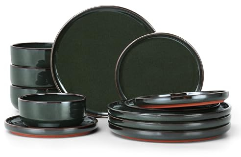 HaWare Dinner Set, 12 Piece Stoneware Dinnerware Service for 4, Reactive Glaze Plates and Bowls Set with Rustic Terracotta Base, Chip and Scratch Resistant, Microwave & Dishwasher Safe, Blackish Green