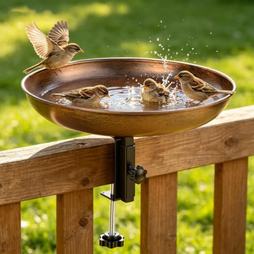 PUTINEI Bebedero Pajaros Exterior,Comedero Pajaros Exterior,Bebedero pajaros barandilla de balcón con Soporte de Abrazadera,Bebedero Pajaros Silvestres Metal,para Jardin Balcón