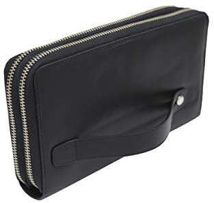 LEAS Große Vollleder Unisex Geldbörse mit doppel Reißverschluss rundherum und Grifflasche Langbörse Portemonnaie Brieftasche lang feinstem Rind-Echt-Leder, schwarz 22,5x12,5x4cm (BxHxT)
