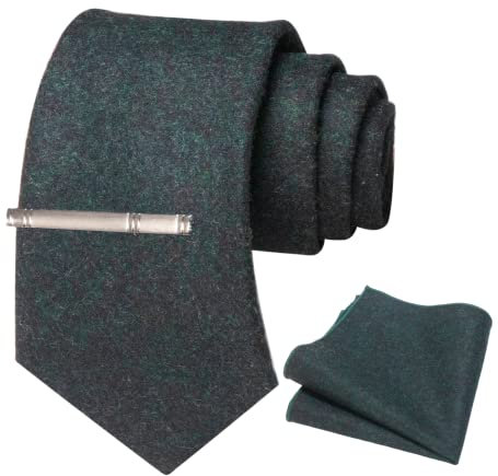 JEMYGINS Kaschmir Cashmere Wolle Dunkel Grün Krawatte und Einstecktuch Krawattenklammer Sets für Männer (Dunkelgrün2)