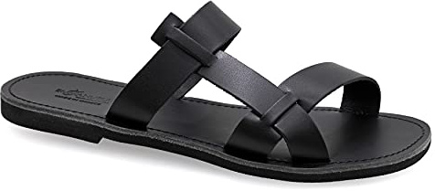 Emmanuela - Sandalias de cuero griego antiguo para hombre, sandalias abiertas hechas a mano para hombre, zapatos de verano sin cordones, sandalias de tiras deslizantes, Negro, 46 EU