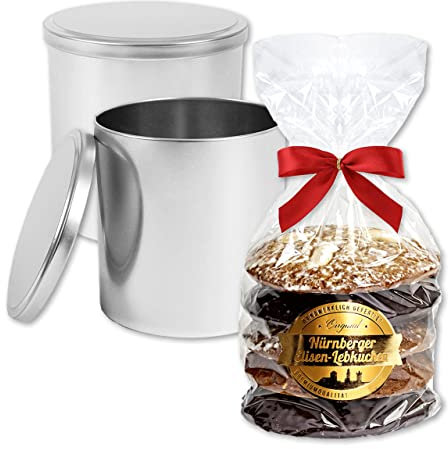 Weihnachtsdose Silbern gefüllt - 5 Elisenlebkuchen gemischt 400g - Lebkuchendose Geschenkedose weiss für Weihnachten & Winter Keksdose Plätzchendose Lebkuchenwelt