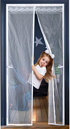 JOREAL Fly Screen for Doors 120X200cm, Anti Mosquito Polyester Mesh Screen Door with Full Frame Magic Tape and Powerful Magnets, Magnetic Fly Insect Screen Door with Lace（White）
