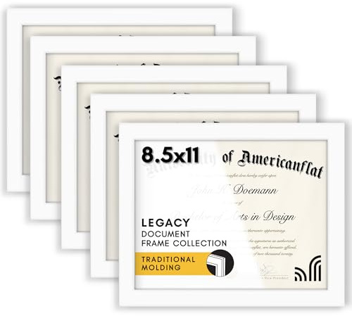 Americanflat 8.5x11 Picture Frame with Polished Plexiglass - Set of 5 - Legacy Collection - Certificate Frames for Tabletop and Wall Display - White
