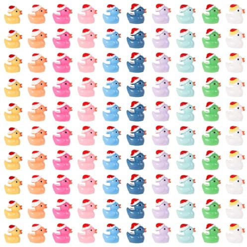 AIEX 100stk Weihnachts Harz Enten, Mini Harz Enten Dekoration Kleine Enten mit Weihnachtsmütze Winzige Harz Enten Miniatur für Garten Landschaft Puppenhaus-Dekorationen DIY-Charms (Bunt)