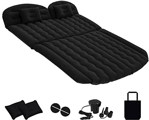Sinbide-Materasso gonfiabile per auto SUV pieghevole con pompa elettrica e 2 cuscini, superficie floccata e in PVC, letto per auto per viaggi all'aperto in famiglia (190CM, Nero)