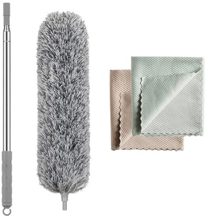 Pack Plumero Atrapapolvo Extensible con 2 Balletas Microfibra 62cm-140cm, Plumero Telescopico Extensible Limpia Radiadores Calefaccion con 2 Bayeta Microfibra para Limpieza Hogar, Plumero Radiadores