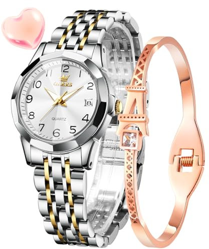 OLEVS Damenuhren Gold Silber Leicht Ablesbare Ziffern Diamant Uhren Damen Japan Analog Quartz Wasserdicht Leuchtend Datum Armbanduhr Geschenk Set