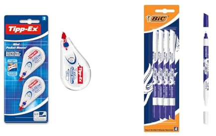 Tipp-Ex Korrekturroller Mini Pocket Mouse, 6m x 5mm & BIC Tintenkiller, 4 Stück, Tintenlöscher schmierfest, Ideal für das Büro, das Home Office oder die Schule