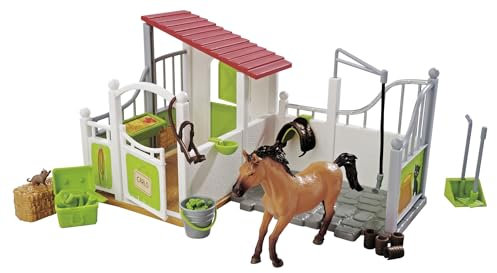 Simba 104342646 - Caja para Caballos y Zona de Lavado con Caballo, establo para Caballos, establo de equitación, 30 x 19 cm, Gato, sillín, Brida y Accesorios, a Partir de 3 años