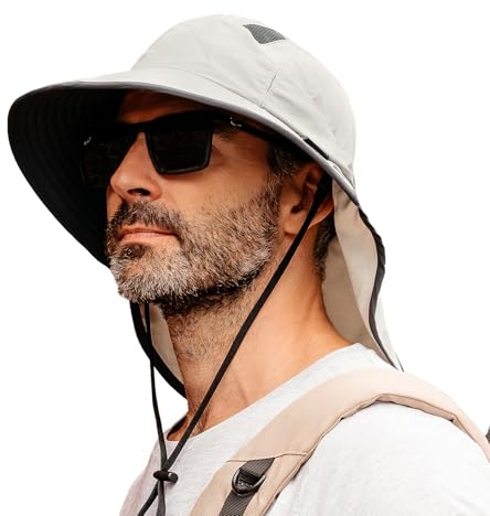 TOP-EX XL/XXL Unisex Sombrero de sol para hombre de ala ancha Sombrero de protección solar con protección para el cuello Soporte para gafas de sol al aire libre Safari Sombrero de verano impermeable y