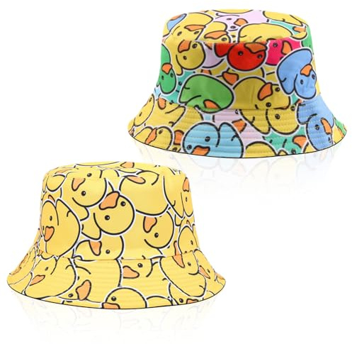 SAIIURV 2 Piezas Pato Sombrero de Pescador para Mujer Hombre, Reversible Bucket Hats Gorro Pescador para Adolescentes, Verano Sun Sombrero de el Sol de Playa de Plegable para Fiestas Cámping Viajee