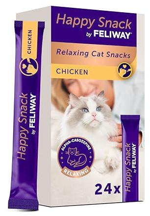Happy Snack by FELIWAY - Boîte de 24 Sticks au goût Poulet. Relaxez Votre Chat Autour d'un Moment de complicité Présenté sous Forme de friandise onctueuse.
