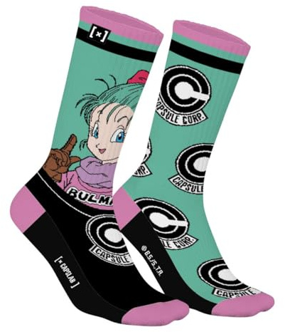 Capslab Dragon Ball Bulma & Logo de Capsule Corp – Chaussettes Anime Officiellement Licenciées pour Hommes et Femmes – Chaussettes en Coton Confortables au Design Iconique - 43-46