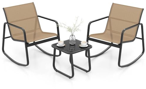 GIANTEX Salon de Jardin 2 Personnes en Tissu Respirant, Table de Jardin Extérieure avec 2 Chaises à Bascule, Petite Table Basse en Verre, Pieds Réglables, Cadre en Métal, pour Balcon, Piscine (Marron)