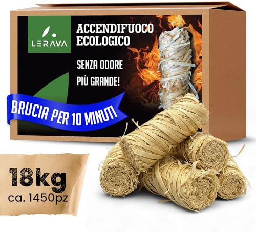 LERAVA Accendifuoco Ecologico (ca. 1450pz) - Fire Starter Naturale con Fiamma Forte - Accendi Carbonella Barbecue, Camino & Stufa - FSC Certificato - Accendi Fuoco Sicuro & Lunga Durata - 18kg