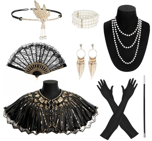 8 Pièces Accessoire Gatsby Femme, Accessoire Annee 20 Charleston Femme, Mode Roaring 20's Theme Set, 1920 Accessories avec Châle Noir et Or, éventail Pliant, Bandeau, Longs Gants Noirs pour Les Fêtes