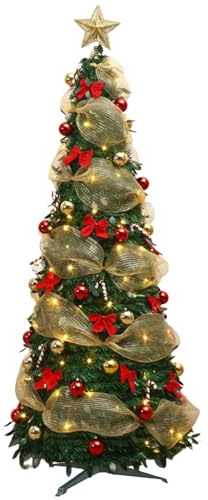 Árbol de Navidad plegable, 1,2 m/1,5 m, árbol de Navidad emergente con luz LED, árbol plegable, decorado con cinta y lazo, árbol de Navidad luminoso LED para decoración de vacaciones interiores (A-1,2
