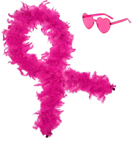 2Pcs Colorful Fancy Dress Feather Boa Set, 6.6ft Feather Boa with Heart Rimless Sunglasses for Women, Artificial Fluffy Boa Decorations wit for Dancing Wedding Party Cosplay Halloween (Hot Pink)