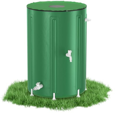 Vikbar regntunna 380 liter med kran och dräneringsventil | PVC-vattentank med lövskyddsgaller | UV-beständig regnvattensamlare platsbesparande | Regnvattentunna för trädgård och camping (grön)