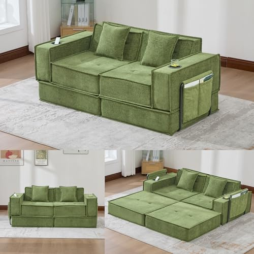Yihomfy Canapé-lit convertible 2 places -162 cm, canapé-lit d'angle pliable 4 en 1, canapé modulable pliable à monter soi-même avec coussins, 2 porte-gobelets et poches latérales pour salon Vert olive