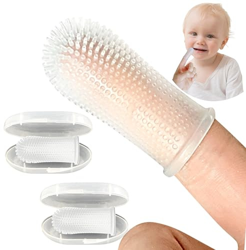 360º Bristle Silicone Baby Finger Toothbrush, 100% BPA Free for Toddlers and Infants 3 Months and Up, Full Surround Design for Teeth and Gum Cleaning; 2 Sets of Finger Brushes – Clear
