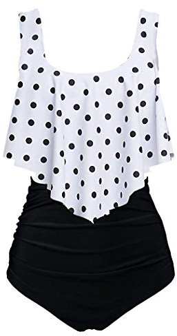 Aidotop Swimsuit for Women Top Ruffled High Waist Swimwear Two Pieces Bathing Suits Bikini Sets(12white Point,UK 10-12(M))