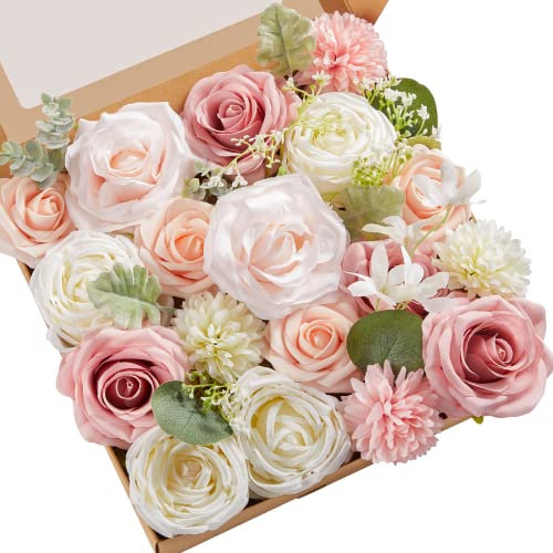 Serwalin Fleurs artificielles en soie pour bouquets de mariage, décoration de gâteaux, roses mélangées, rose pâle et blanc, arrangements de centre de table pour décoration de table de fête, chaise