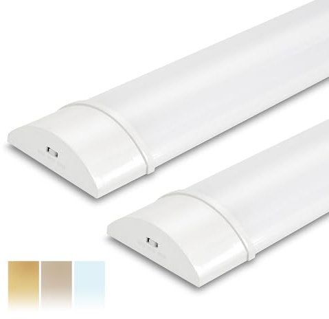 BrightFly Confezione da 2 tubi fluorescenti LED, striscia luminosa a LED, 34 W, 3 CCT in 1, profilo sottile, alloggiamento integrato, antipolvere, connettore di rete, non necessita di messa a terra,