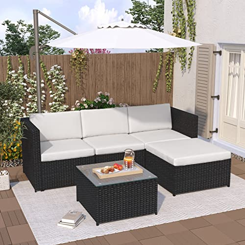 mcc direct 5pcs Large Full Size Rattan Garden Outdoor Furniture Patio Sofa Set with Glass Coffee Table Outdoor Cushions for Garden or Conservatory Rupert (Black)