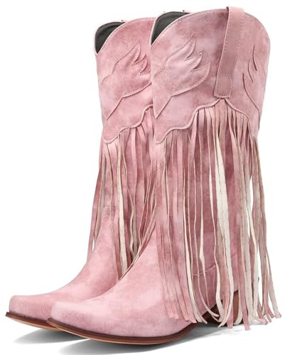 Meefit Women Fringe Cowboy Boots Square Toe Mid Calf Embroidered Western Boots,Tassel Cowgirl Boots Stacked Heel Retro Boots(Pink,US8.5)