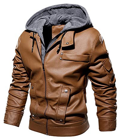 RGVV Blouson Homme Cuir, Creative Plain Sweat À Capuche Moto Créatif Marron Bomber Veste Casual Warm Fleece PU Manteau en Cuir Coupe-Vent avec Poche pour Sports D'Intérieur Et D'Extérieur,XL
