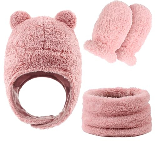 Fleece Baby Hat Scarf Mitten Set Winter Toddler Beanie Warm Mittens Infant Scarves Ears Earflap Hats for Baby Boys Girls (Pink, S)
