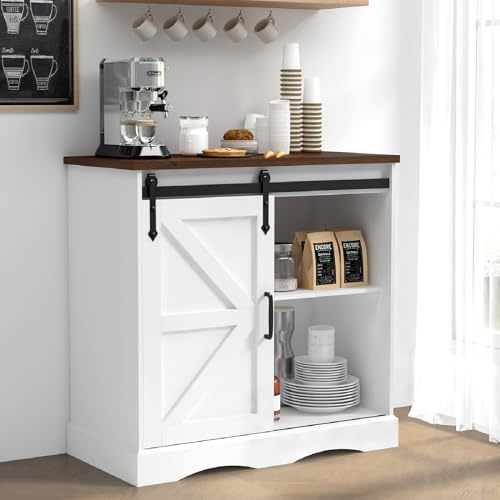 HOMFAMILIA 31.5 H Farmhouse Coffee Bar Cabinet w/Storage, White Kitchen Sideboard Buffet Cabinet with Sliding Barn Door, Rustic Accent Console with Adjustable Shelves, for Kitchen, Living Room